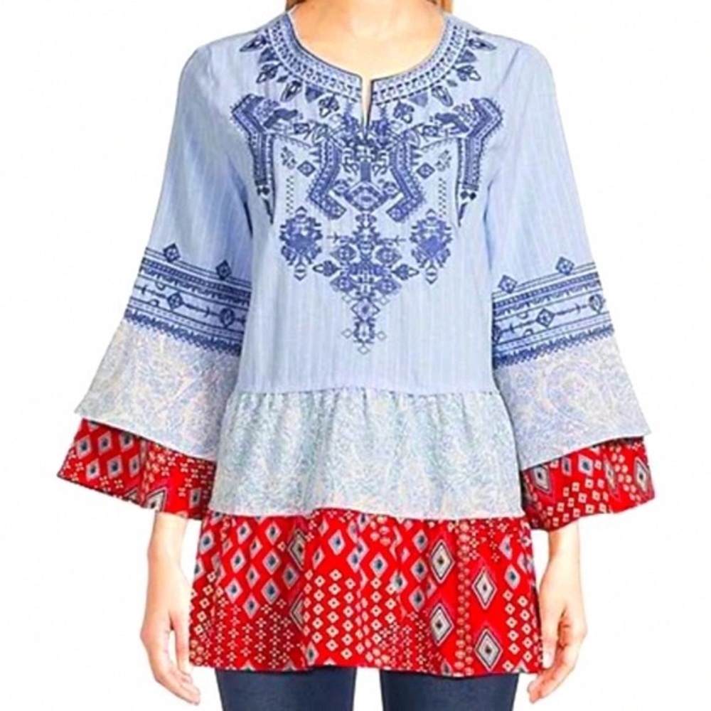 Women's Blue and Red Embroidered Top